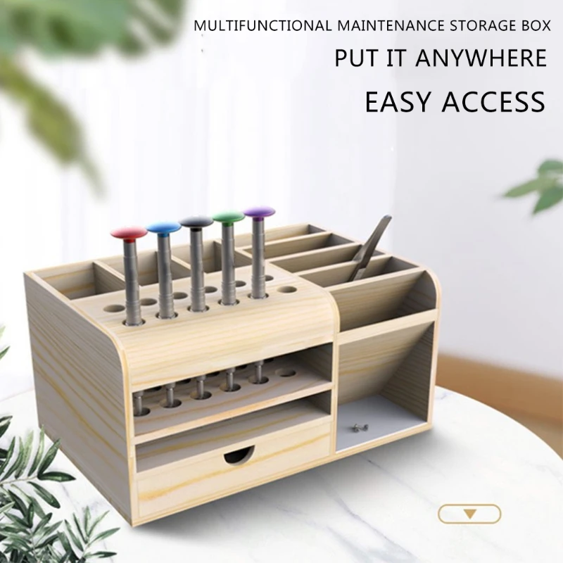 Tool Stand Holder Box Compartment Storage Cellphone Screwdrivers Wooden Multifunctional Desktop Parts Deposit