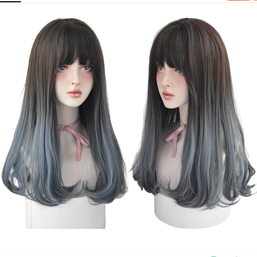 7JHH WIGS Long Omber Corche Hair Wigs with Bangs For Women Synthetic Soft Loose Light Blue Wig Beginner Friendly High Density