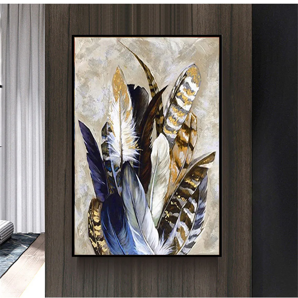 

100% handmade high quality home decoration Indian lucky bird feather canvas oil painting art work living room wall decoration