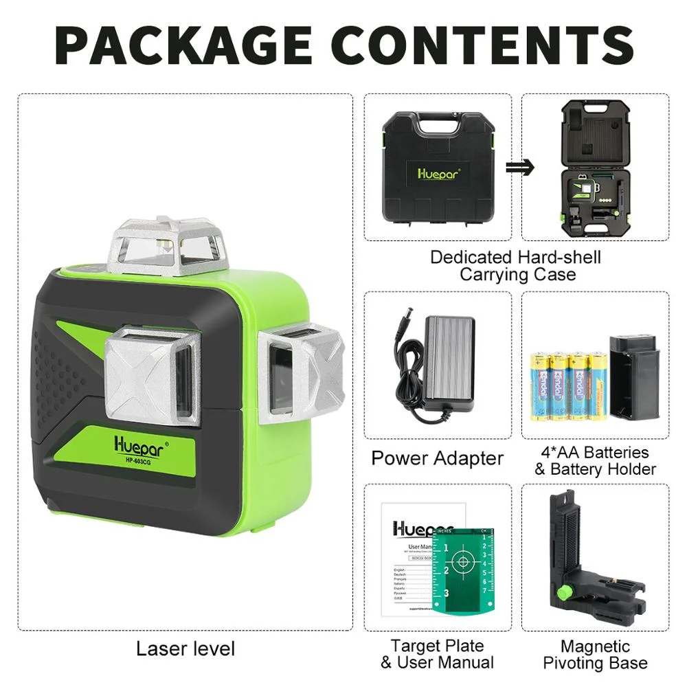 Huepar 12 linee linea trasversale 3D raggio verde livello laser 360 °   Verticale orizzontale autolivellante con batteria agli ioni di litio e custodia rigida