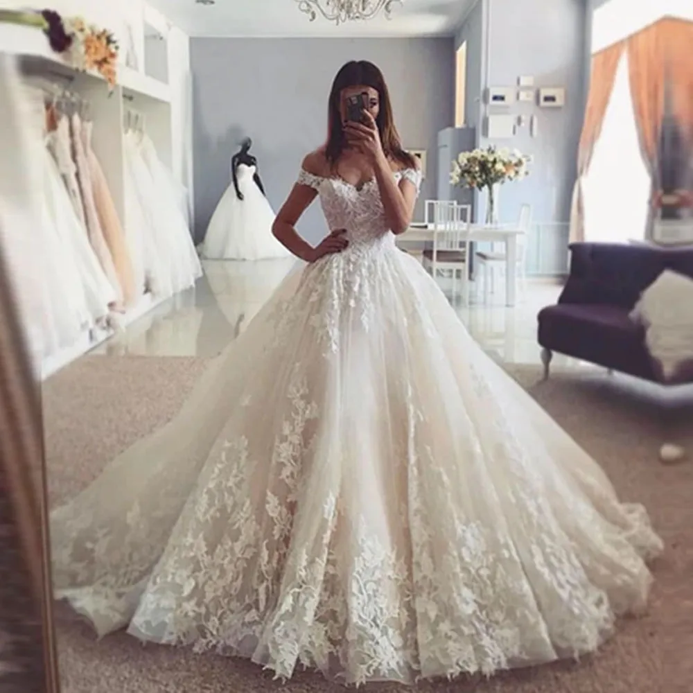 Trouwjurk Off  Shoulder Boho Wedding Dress Appliques Bridal Gowns V Neck Elegant Robe De Mariee Lace A Line Bride Dresses 2021