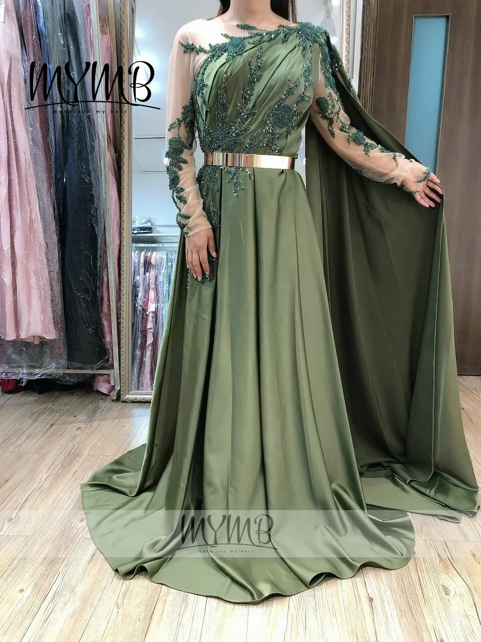 Luxury Haute Couture Wedding Dress For Women Party Emerald Green Long Sleeve A Line Mother Dress Bride Groom MY81100