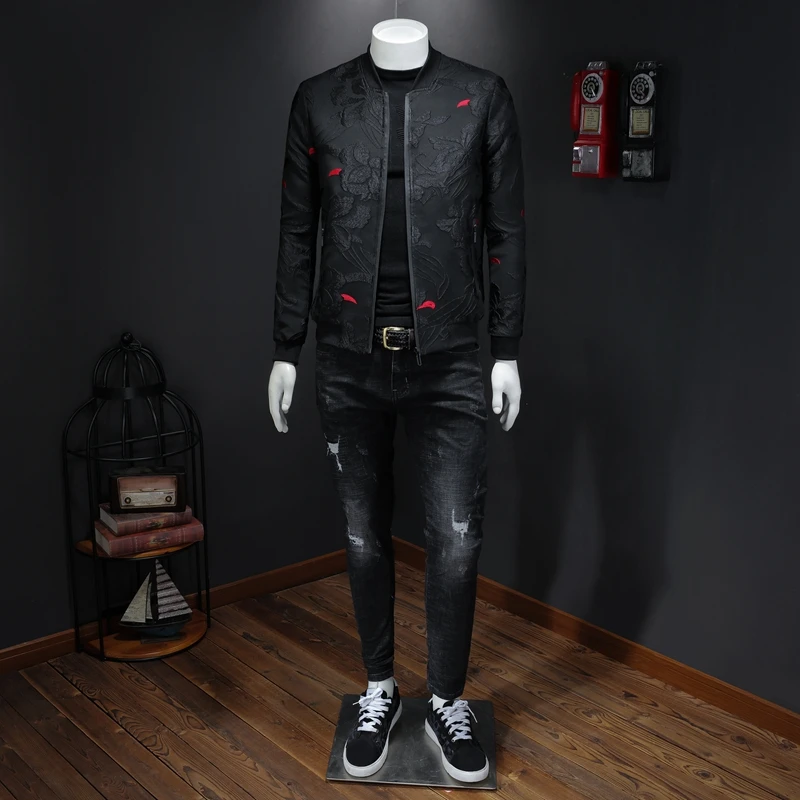2024 Autumn New Floral Jacket Men Fashion Vintage Business Bomber Jacquard Jacket Masculinas Casual Slim Jacket Coat Man M-4XL