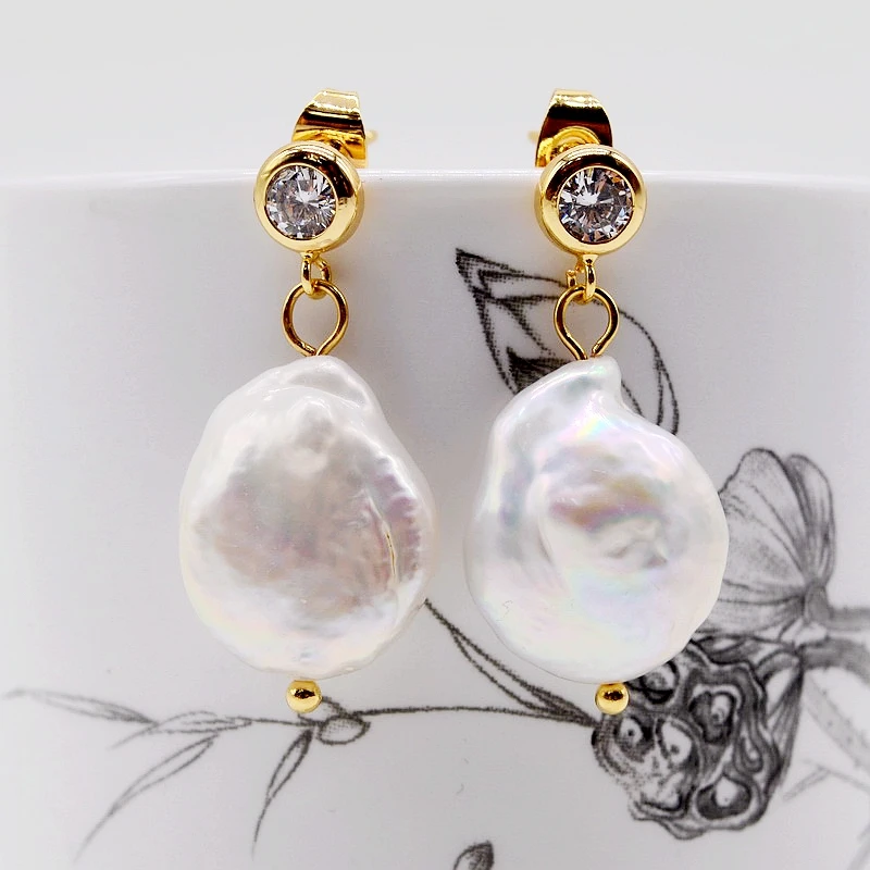 

Pearl Earrings White Natural Pearl Pendant Cubic Zirconia Baroque Gold Women Earrings