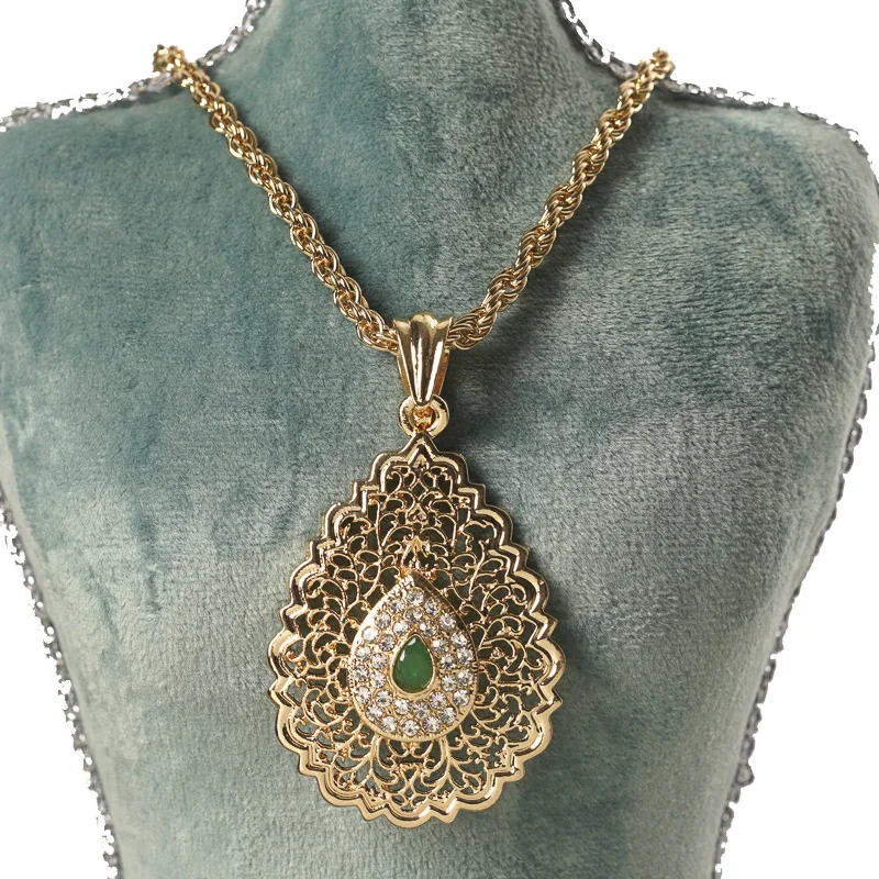 

Water Drop Gold Pendant Chains Moroccan Trendy Hollow Out Flower Green Red Stone Pendant Necklace In Gold Bridal Jewelry