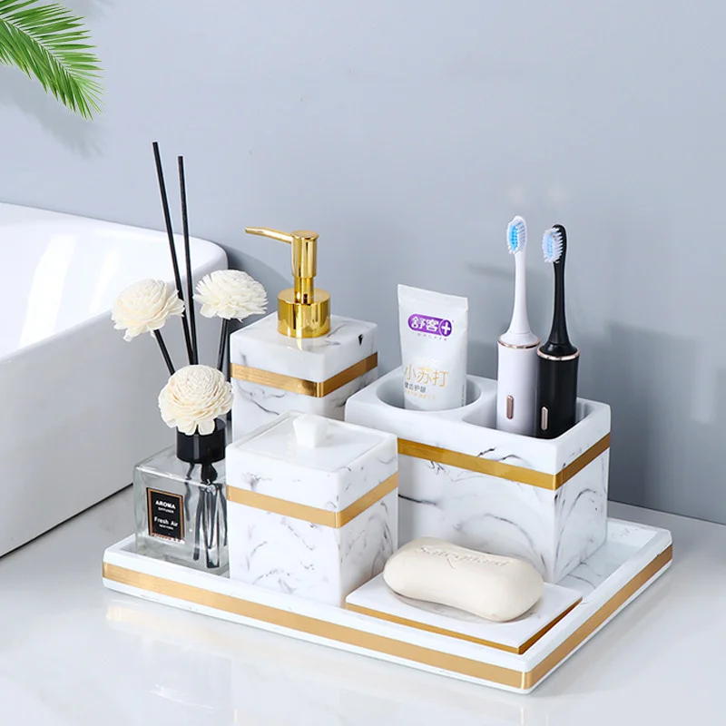 Resin Bathroom Set Liquid Soap Dispenser/Dish Toothbrush Holder Gargle Cup Tray Cotton Swab/Tissue Box Sell Separately Nordic