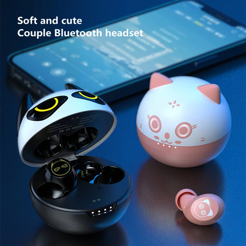 Pink Cute Cat Wireless Earphones Bluetooth 5.0 TWS Headset Macaron Earbuds With Mic Charging Box IPX7 Waterproof