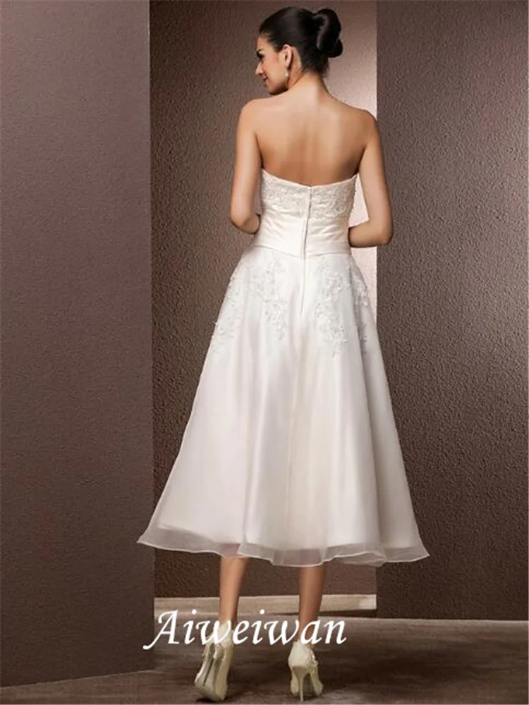 Linha a vestidos de casamento bateau pescoço chá comprimento organza florallace correias regulares formal casual ilusão detalhe com apliques2021