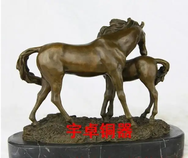 Chinese Folk Copper Bronze Marble Lucky Two Horse Broncos Statue