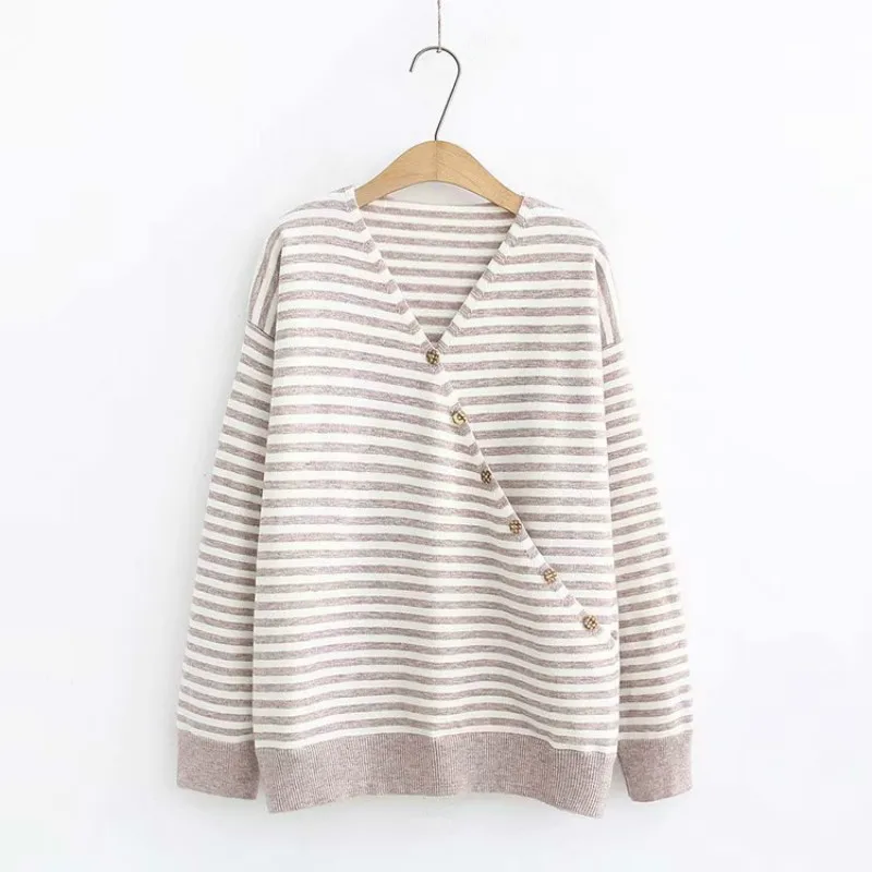 

V-neck Striped Knitted Pullover Female Korean Long Sleeve All-match Casual Sweater Women College Style Fashion Student Top H9442