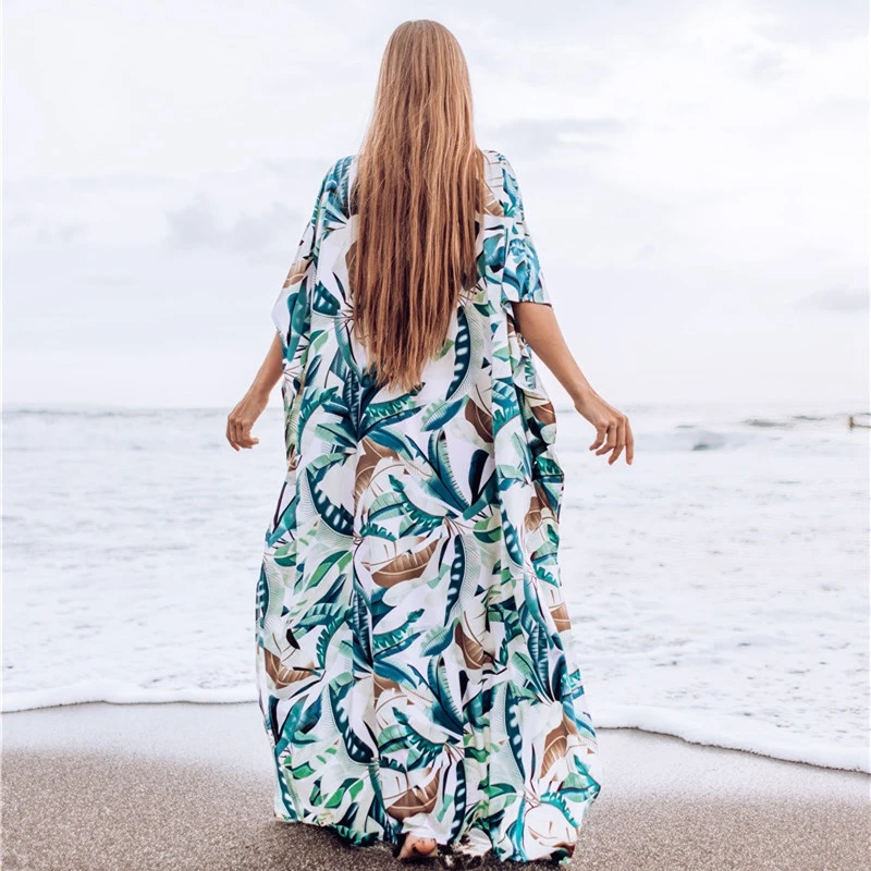 Greek Caftan Oversized Leaf pattern Long dress Bohemian Beach swimsuits coverup Kaftan Batwing loose comfy cotton Oasis tropical