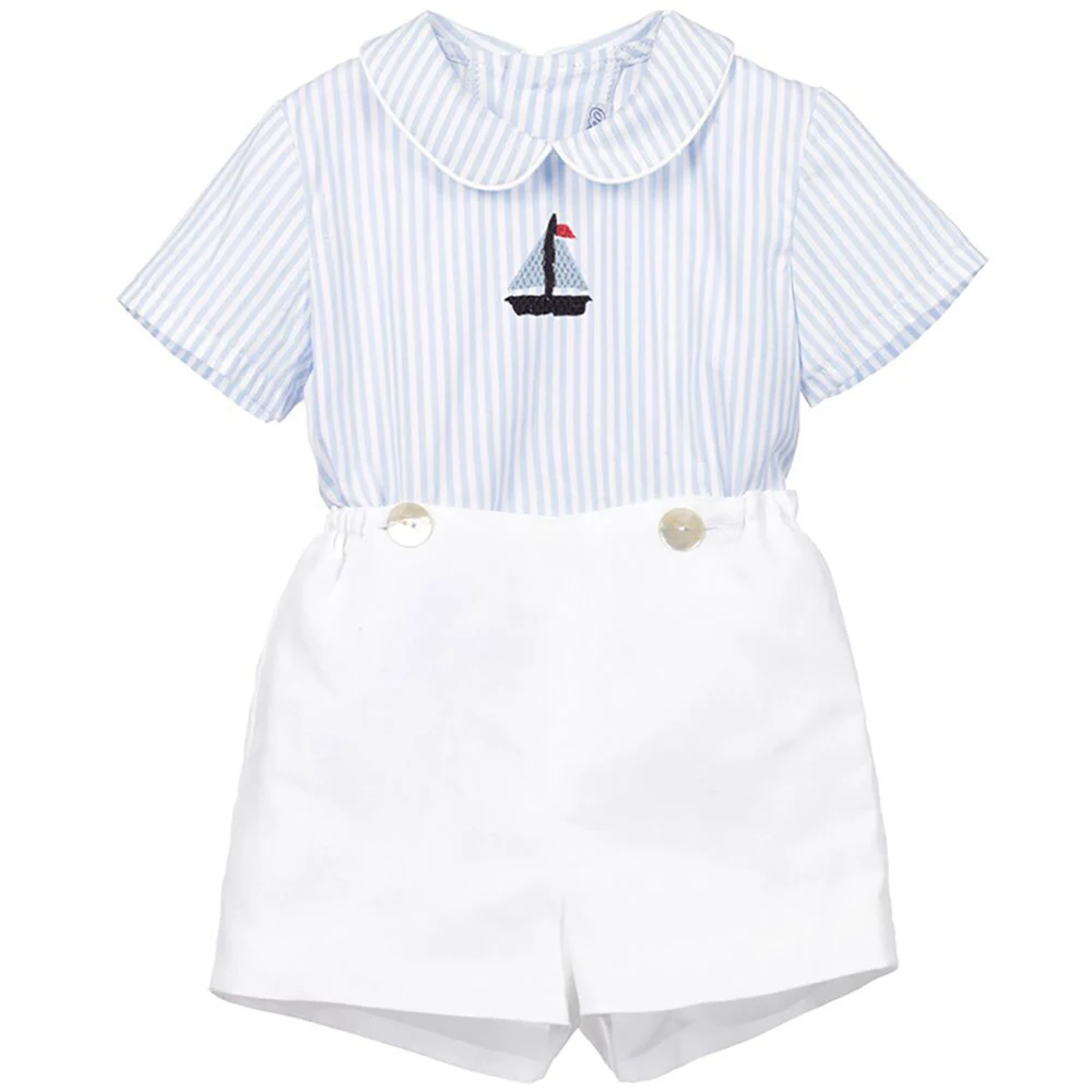 Children Boutique Clothing Set Toddler Boy 2Pcs British Style Short Sleeves Cotton Linen Striped Sailboat Embroidered Suit