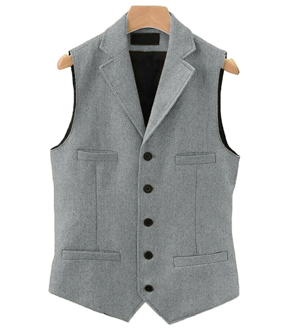 Business Mens Suit Vest Lapel V Neck Wool Herringbone Casual Gentleman Grey Waistcoat Casual Formal Jacket Groomsman For Wedding