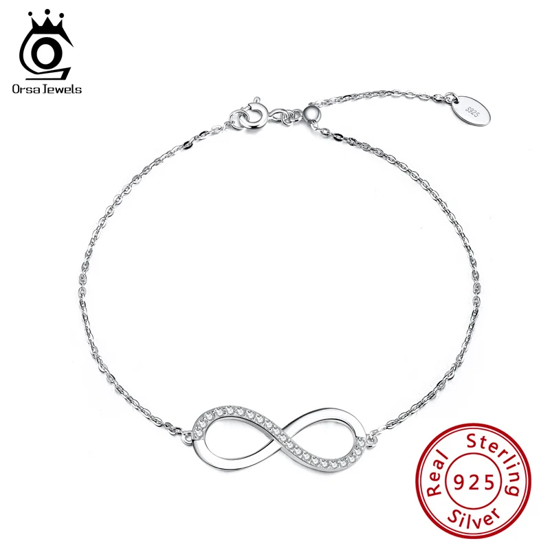 

ORSA JEWELS Genuine 925 Adjustable Infinity Bracelet AAAA Zircon Sterling Silver Charming Bracelet Female Simple Jewelry SB54