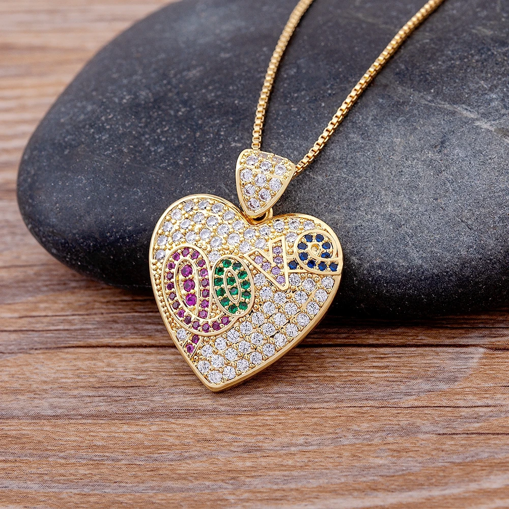 Luxury Heart Pendant Love Necklace Gold Color chain Colorful Zircon Choker For Female Bohemian Fashion Party Wedding Jewelry