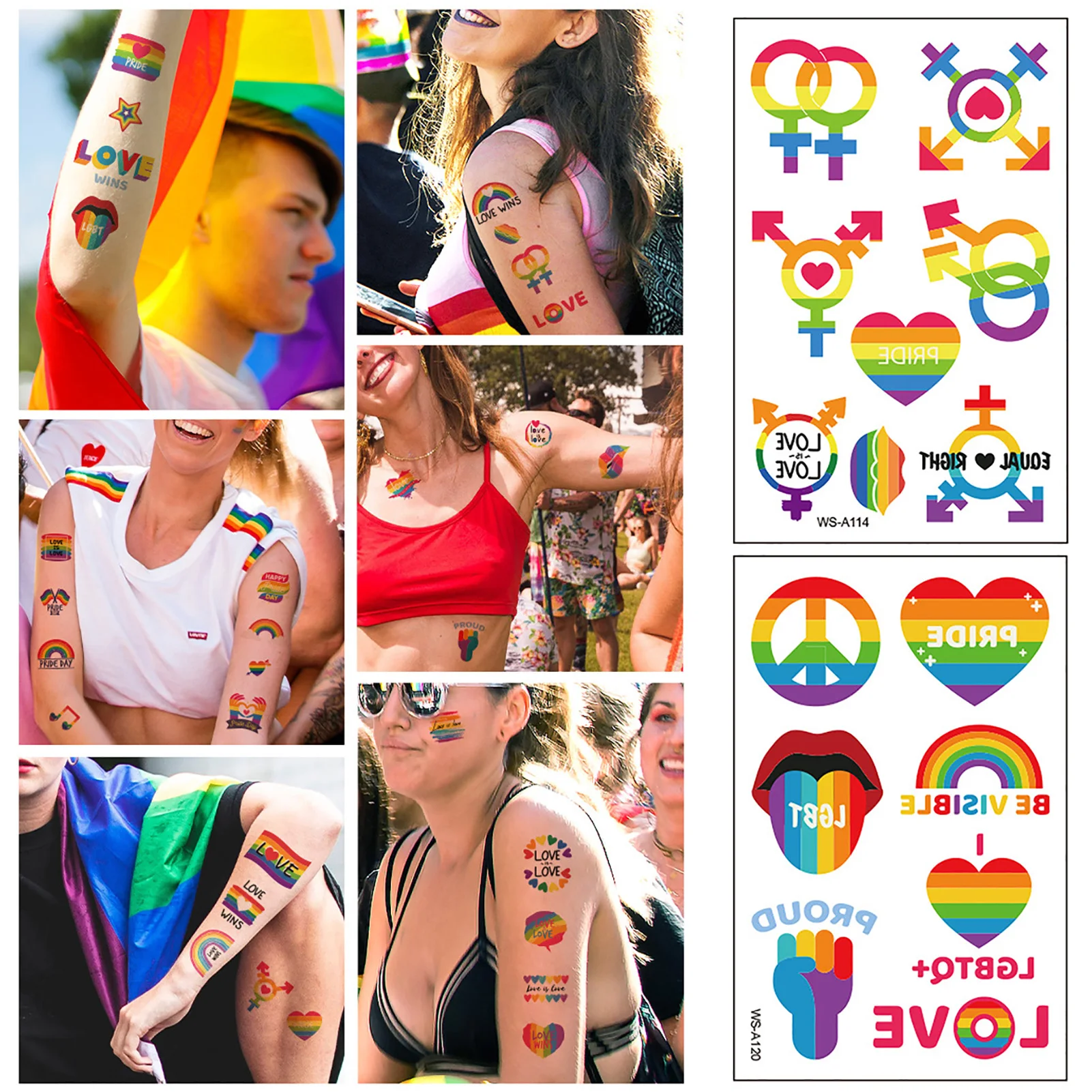 10pcs Face Stickers Rainbow Temporary Waterproof Tattoos Gay Pride Day Rainbows, Roses, Flags, Lips, Love Hearts Tattoo Paper