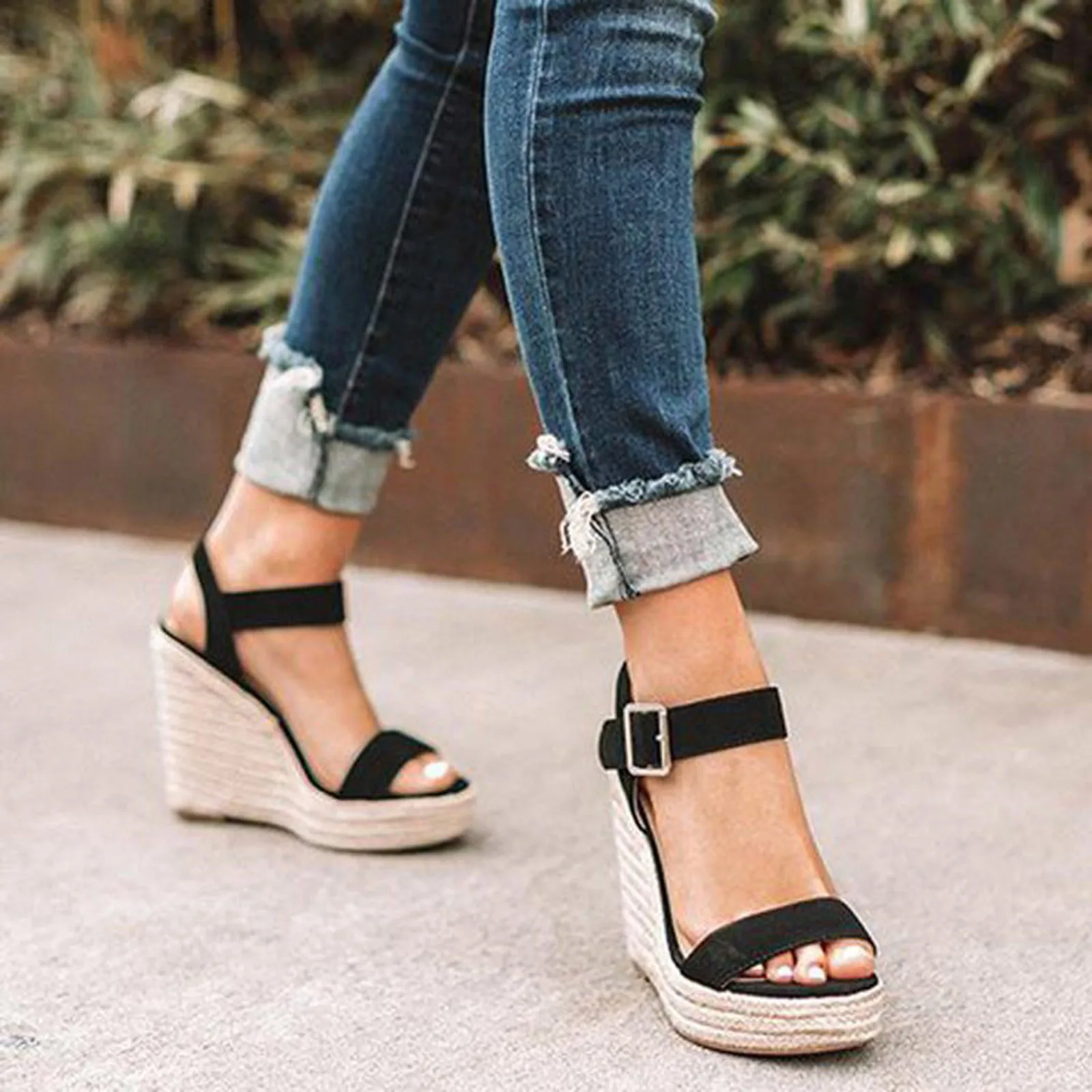 Women Sandals Summer Large Size Wedge Buckle Belt Open Toe Slope Heel Weaving Sandals Breathable Summer Beach Shoes Mujer 2021