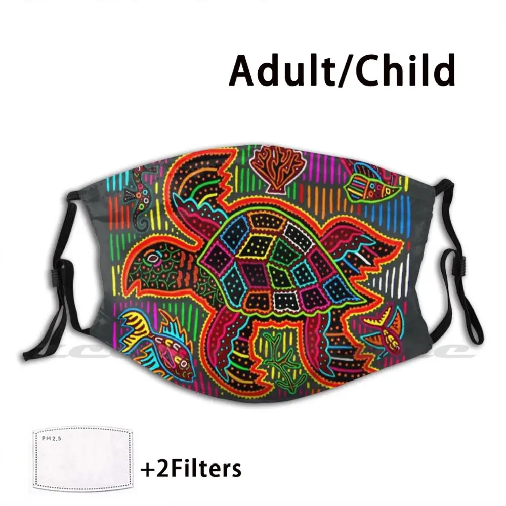 Kuna Mola Design Turtle Custom Pattern Washable Filter Pm2.5 Adult Kids Mask Panama San Blas Kuna Mola Colors Kuna Yala Panama