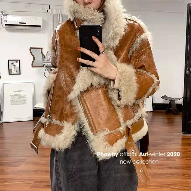 Natural Real Shee Fur Coat Short Length Luxury Jacket Women WInter Chapped Sheepskin Technology Thick Warm Locomotive Model