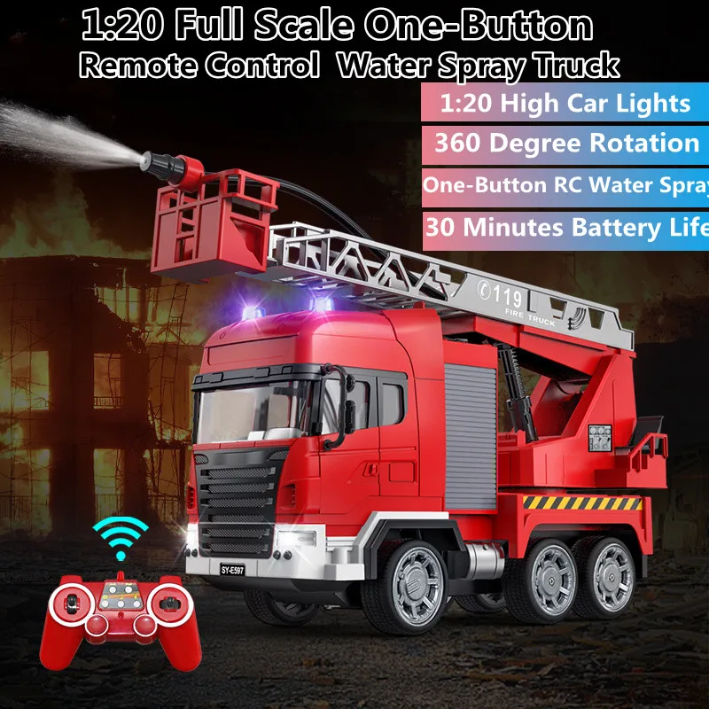 1:20 One Key Remote Control Water Spray Truck 2.4G 360° Console Rotate Lifting Ladder 30Mins LED Lighting fire fighting RC Truck