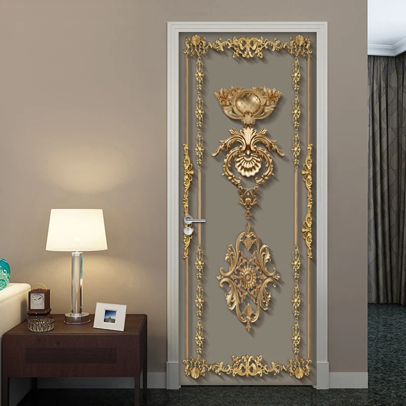 Self Adhesive Door Sticker Wallpaper 3D European Style Golden Flower Pattern Living Room Bedroom Door Mural Poster Wall Decals