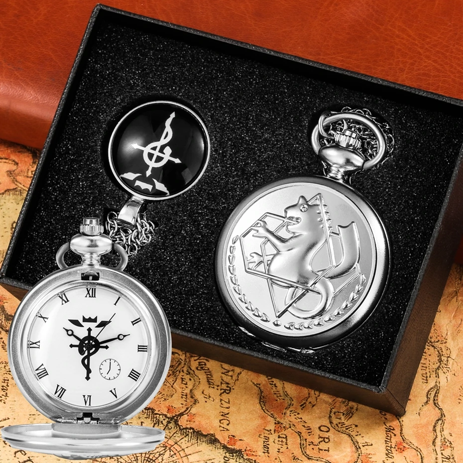 Bronze Tone Fullmetal Alchemist Gifts Sets Quartz Pocket Watch Cosplay Edward Elric Anime Pendant Design Anime Necklace Clock