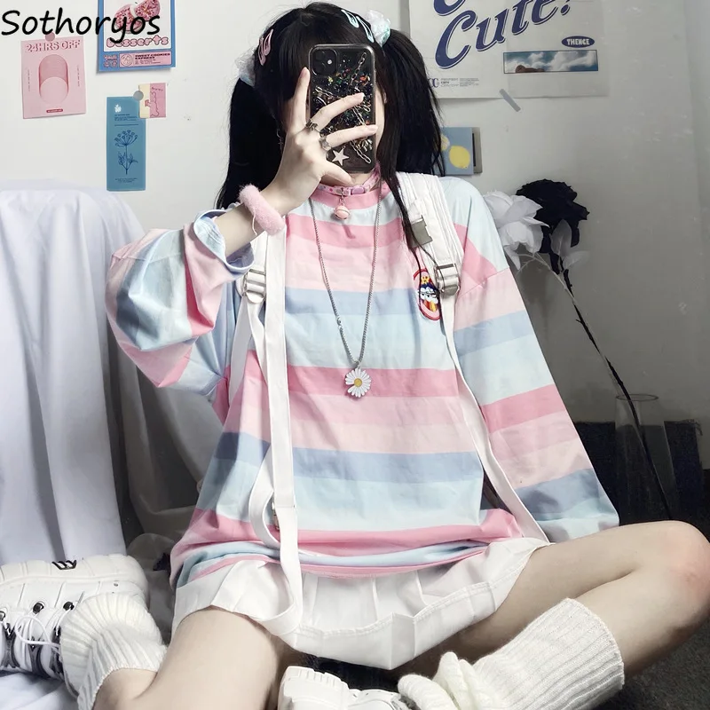 Rainbow Long Sleeve T-shirts Women Spring Sweet Cute Loose Panelled Striped Tees Teen Girls Fashion Baggy Embroidery O-neck Tops