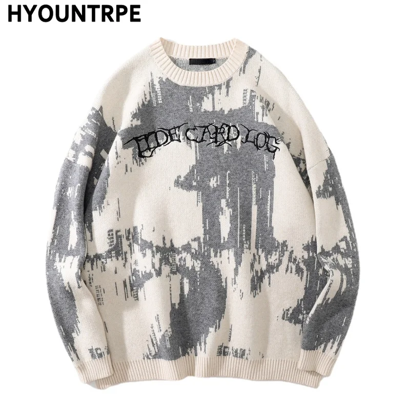 Hip-hopowe wyszywane litery dzianinowy typu oversize sweter męski nowy Casual O-neck z długim rękawem sweter Streetwear Unisex luźne swetry