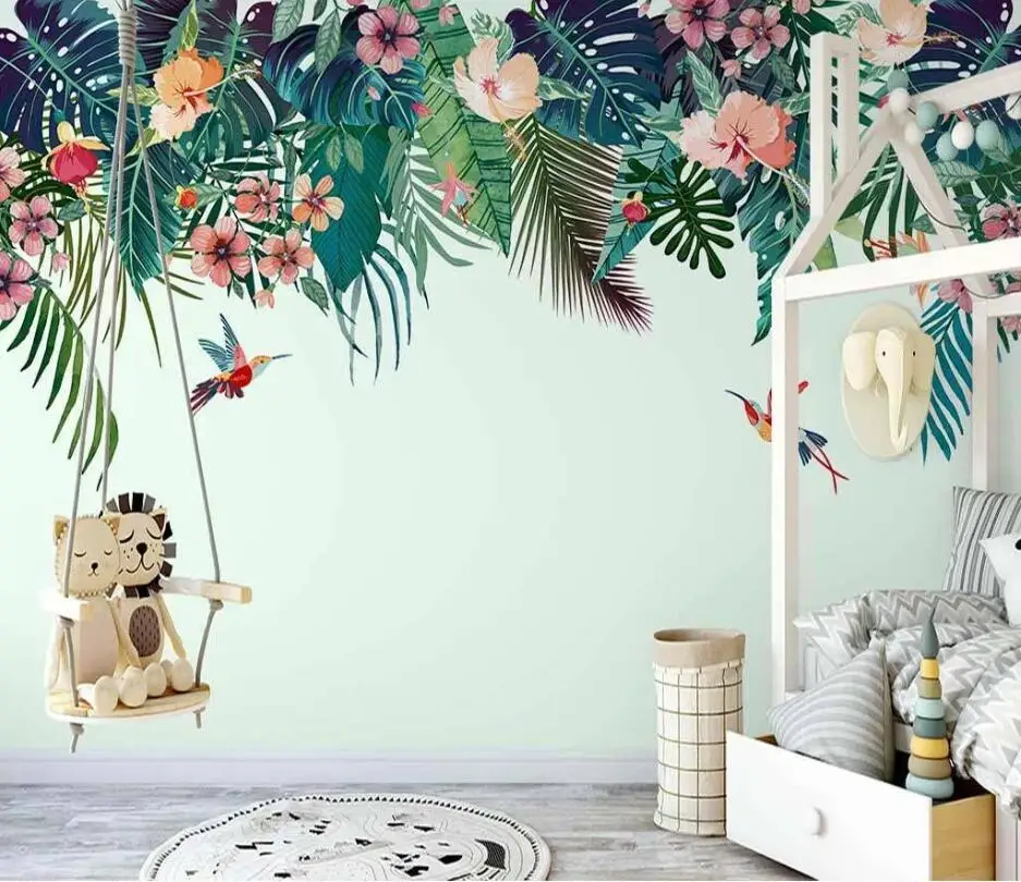 Custom mural Nordic Hand painted tropical plants flowers and birds indoor Wallpaper Background Wall Decorative 3d wallpaper