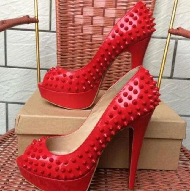Gold 14cm Super high Heels Platform Pumps Female Rivets Studs Nude Black Red Patent Leather Peep-Toe Women Wedding Sandals Shoes