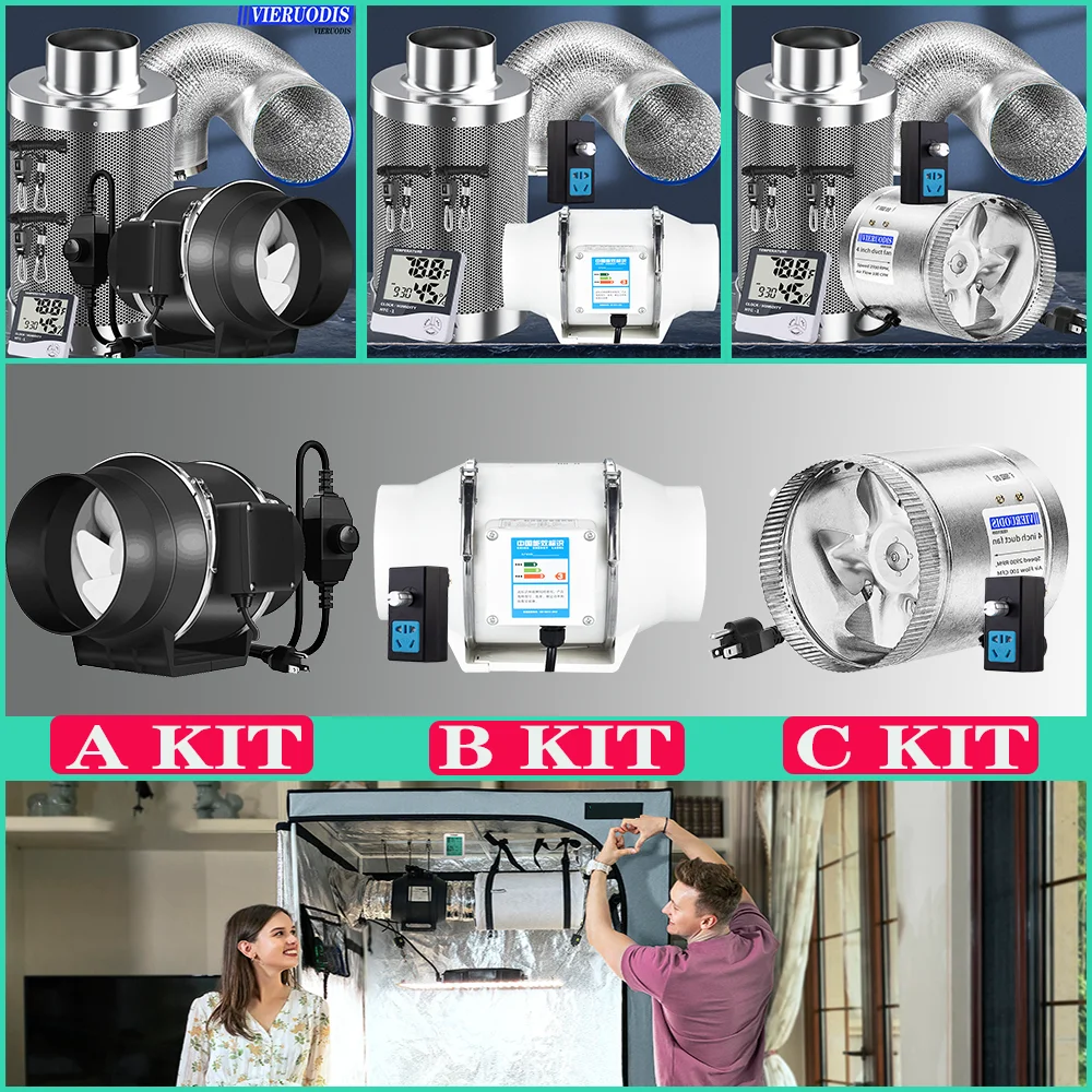 Kit de purificación de aire de carbón activado para tienda de cultivo, ventilador de velocidad ajustable, purifica el aire para la filtración de