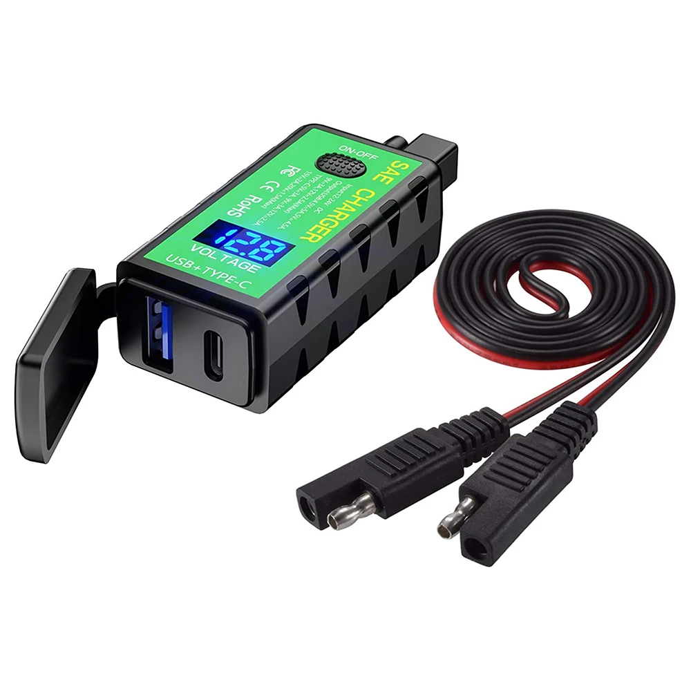 

Motorcycle USB Charger SAE to USB Adapter 36W Dual USB Type C PD QC 3.0 with Voltmeter ON/Off Switch for Smart Phone Tablet GPS