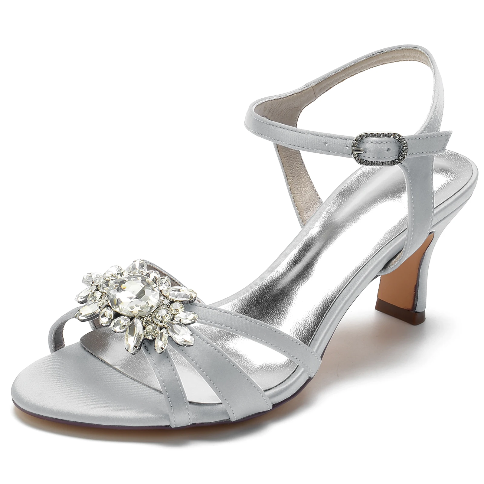 

Summer Lady Satin Evening Dress Sandals Thin Strap Shoes with Big Stone Crystals Bridal Wedding Party Cocktail Women Med Heels