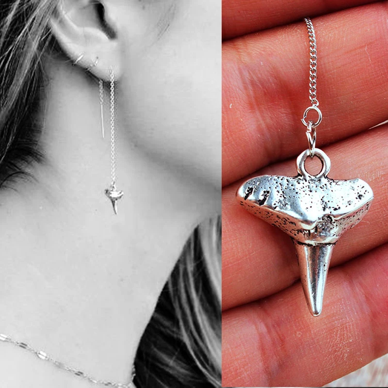 Shark Tooth Earrings, Ear Threader Earrings - Minimal Jewelry - Long  Dangle Chain Earring