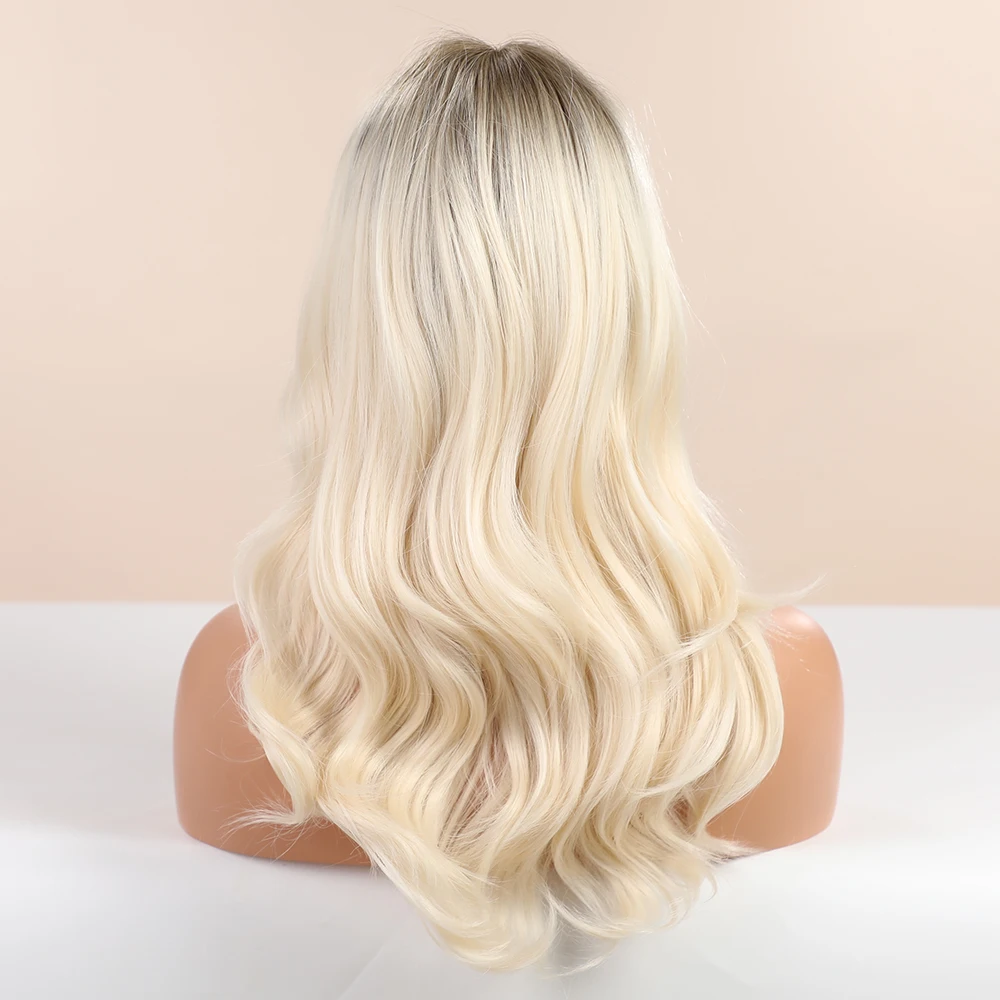 BLONDE UNICORN Long Wavy Synthetic Hair Wigs Brown Root Ombre Platinum Women Natural Wig Hair with Bangs Heat Resistant Fiber