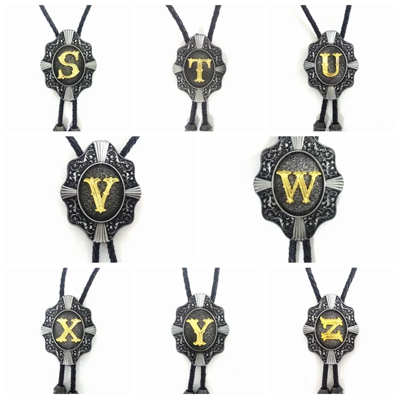 Golden Initial Letter A to Z Antique Silver Western Cowboy Rodeo Bolo Tie Adjustable Novelty Neckties for Men Accessories Gifts