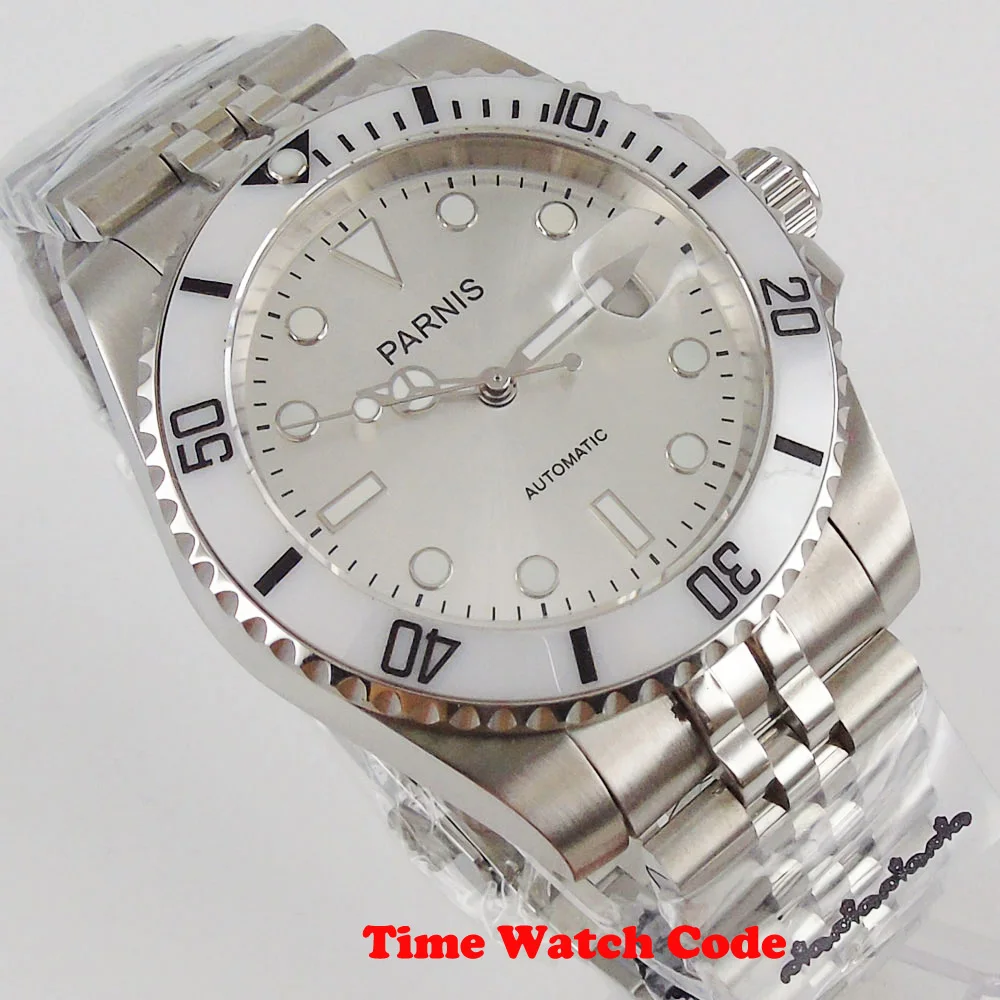 PARNIS 40mm Automatic Men's Wristwatch Silver Dial Sapphire glass solid bracelet Date window luminous hands magniifer