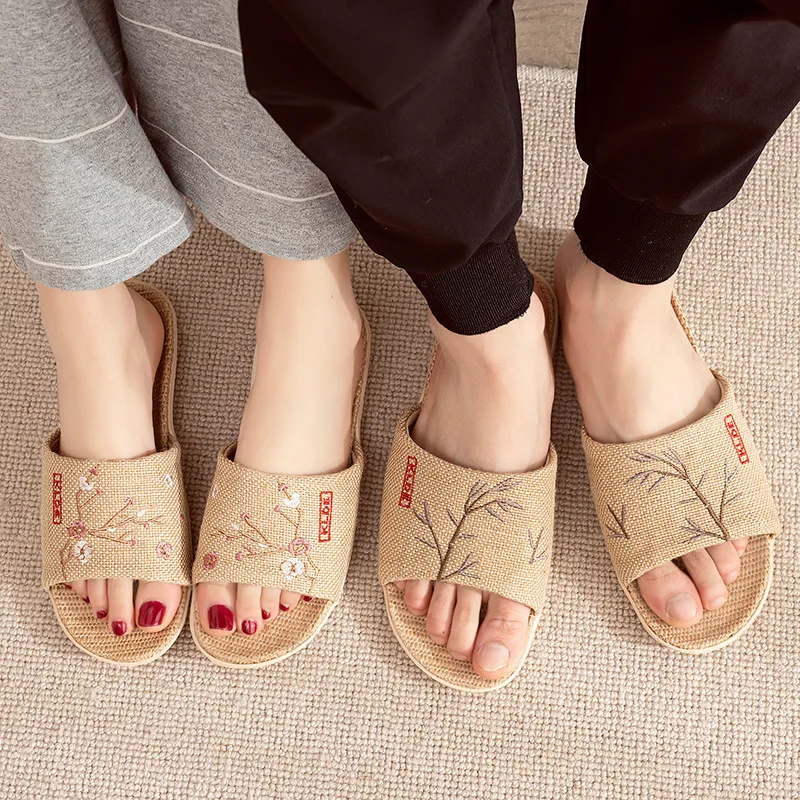 Glglgege 2021 Summer New Women's Slippers Embroidered Open-toe Couple Fabric Slippers Light Linen Home Comfortable Slippers