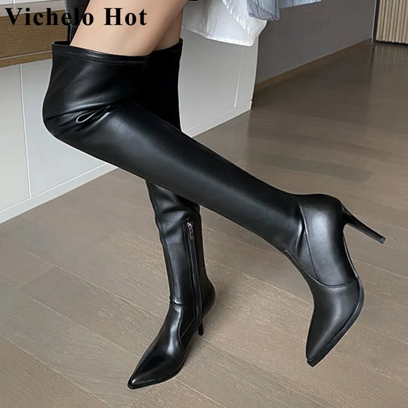 

Vichelo Hot stovepipe modern boots cow leather winter pointed toe plus size 42 thin high heels elegant over-the-knee boots l85