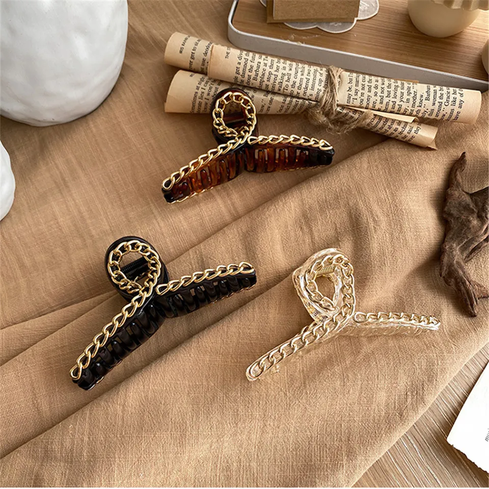 Women Plastic Hair Clips Large Size Alloy Chain Hair Claw Fashion Hairpins Elegant Ponytail Holder Clamp Barrettes Hair Ornament