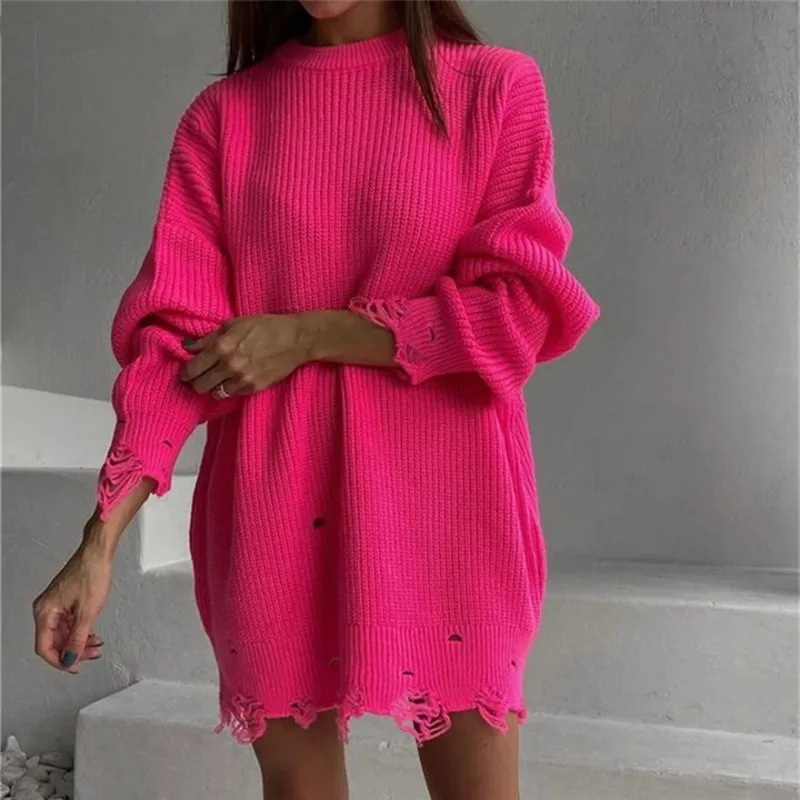 Women Solid Turtleneck Side Split Knitted Sweater Female Oversized Ribbed Pullovers Fashion Ripped Tassel Loose Sweater Jumpers