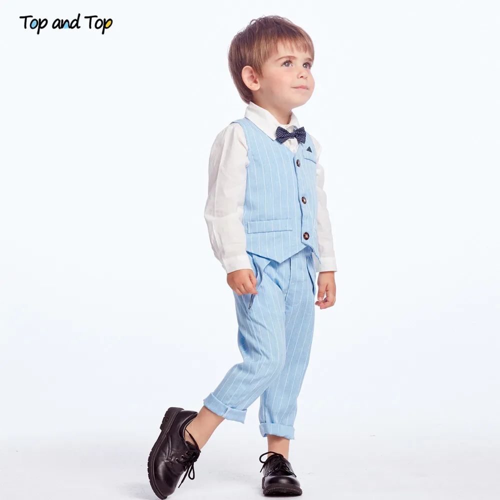 Top and Top Spring&Autumn Baby Boy Gentleman Suit White Shirt with Bow Tie+Striped Vest+Trousers 3Pcs Formal Kids Clothes Set