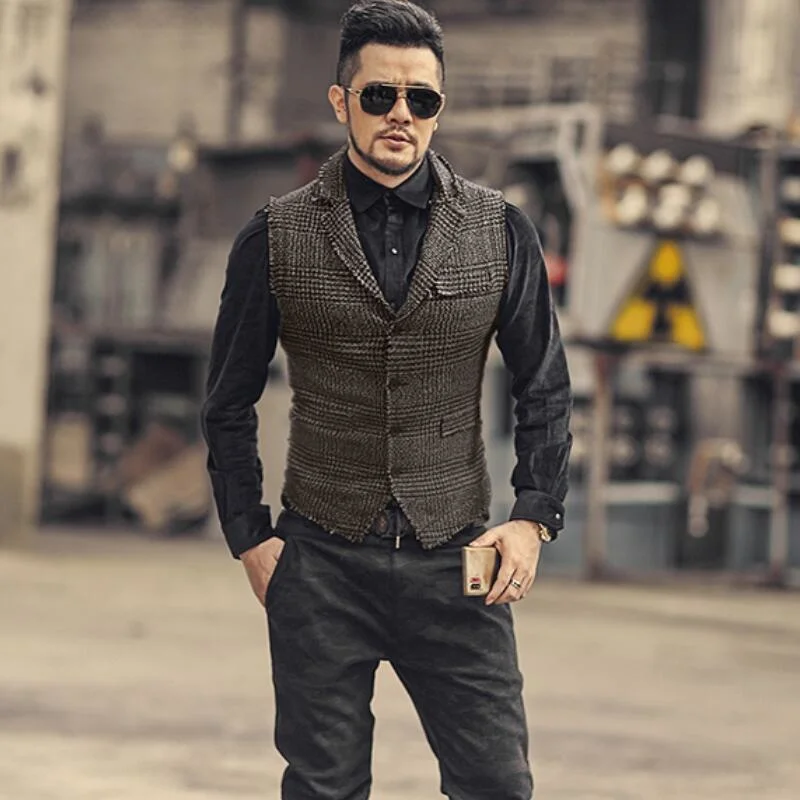 Plaid Men Business Vest Spring Autumn New Single Breasted Short Casual Waistcoat Tassel Slim Fit Sleeveless Formal Jacket M-2XL