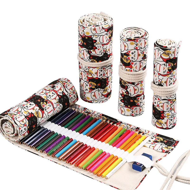 Cute Cat Penal Canvas Roll School Pencil Case Big 12/24/36/48/72 Holes Penalty for Girls Boys Cartridges Pen Bag Statonery Kit