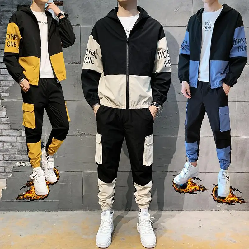 

Autumn Men's Hip Hop Tracksuit Men Two Piece Clothing Sets Casual Jacket +Pants 2PCS Running set male youth Sportswear Sweatsuit