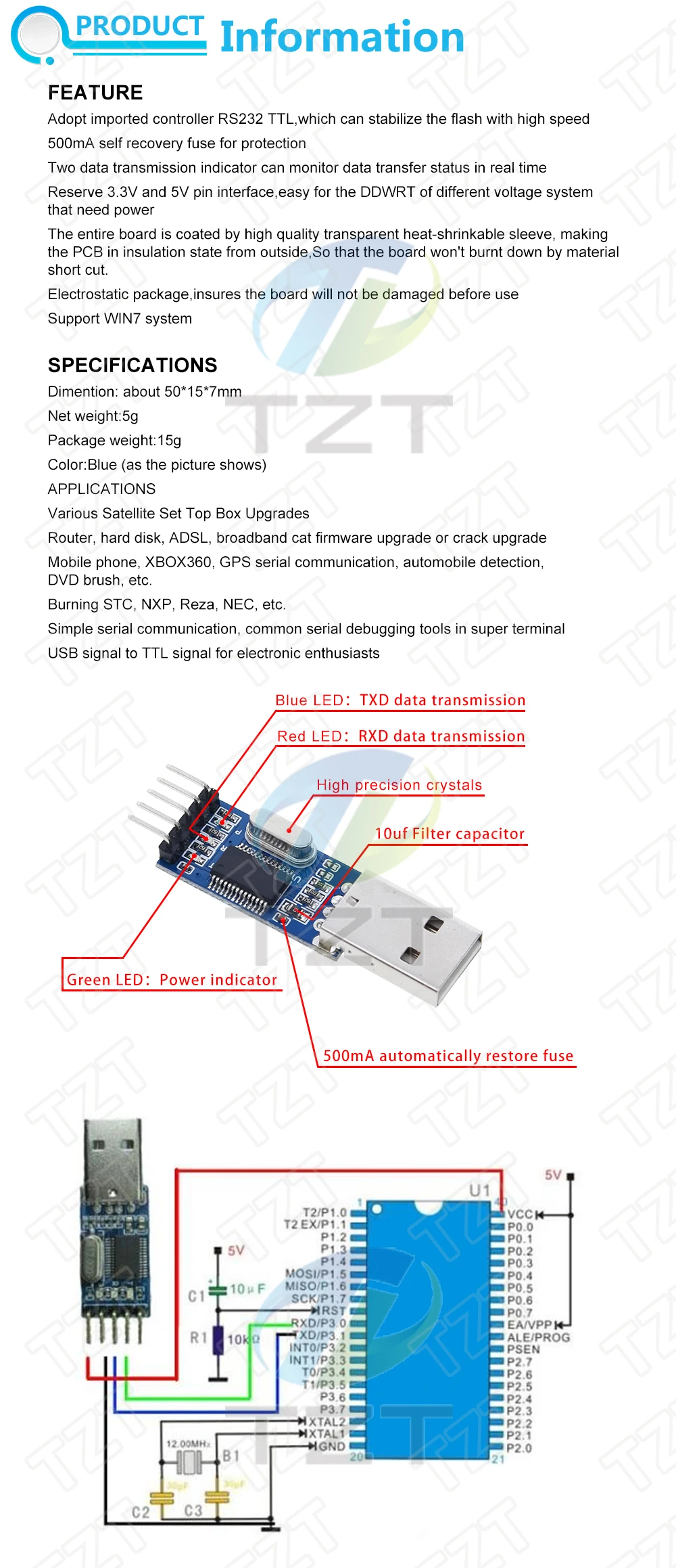 TZT PL2303 PL2303HX/PL2303TA USB zu RS232 TTL Konverter Adapter Modul mit staubdichter Abdeckung PL2303HX für Arduino-Downloadkabel – Detail 1