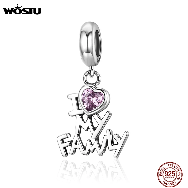 WOSTU Real 925 Sterling Silver I Love My Family Beads Dangle Fit Original Charm Bracelet Pendant Heart Jewelry Gift CQC251