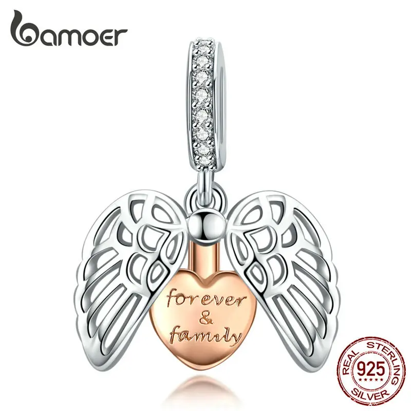 bamoer Guardian Wings Family Pendant Charm for Women Silver Bracelet Rose Gold Color Heart 925 Sterling Silver jewelry SCC1299