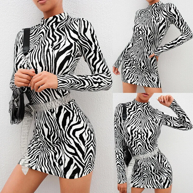 Fashion Sexy Women Bodycon Long Sleeve Zebra Striped Dress Clubwear Print Turtleneck Slim Dress Evening Party Mini Pencil Dress