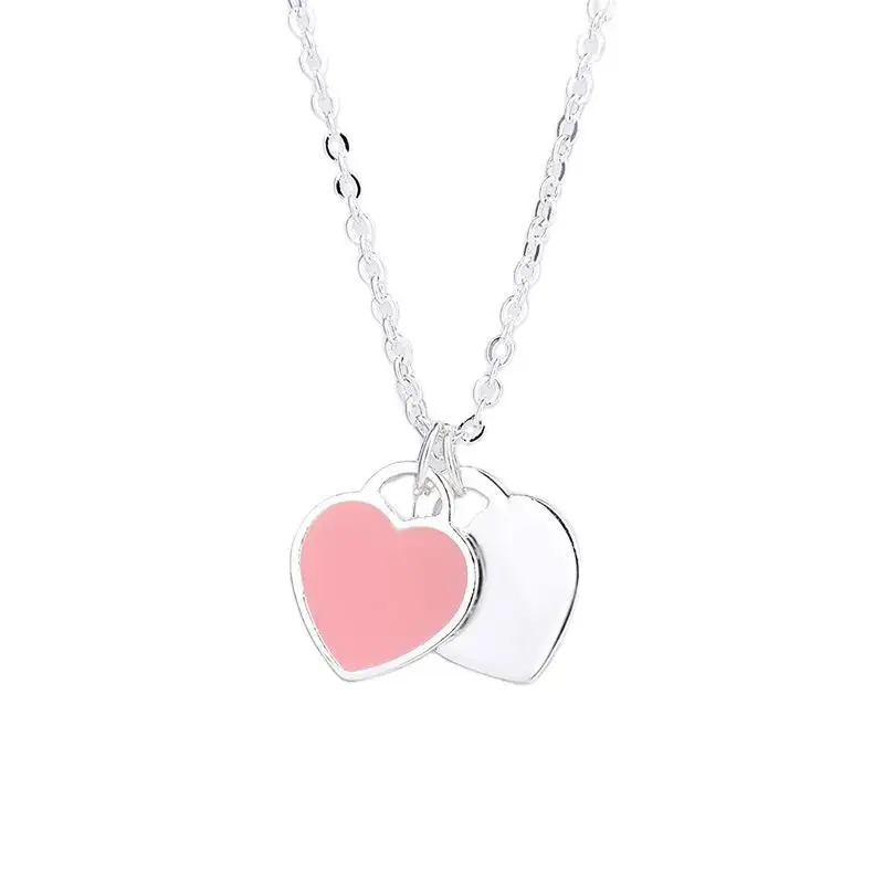 Love Drop Oil Enamel Red Blue Pink Three-color Heart-shaped Necklace Pendant Women\'s Girl Clavicle Chain